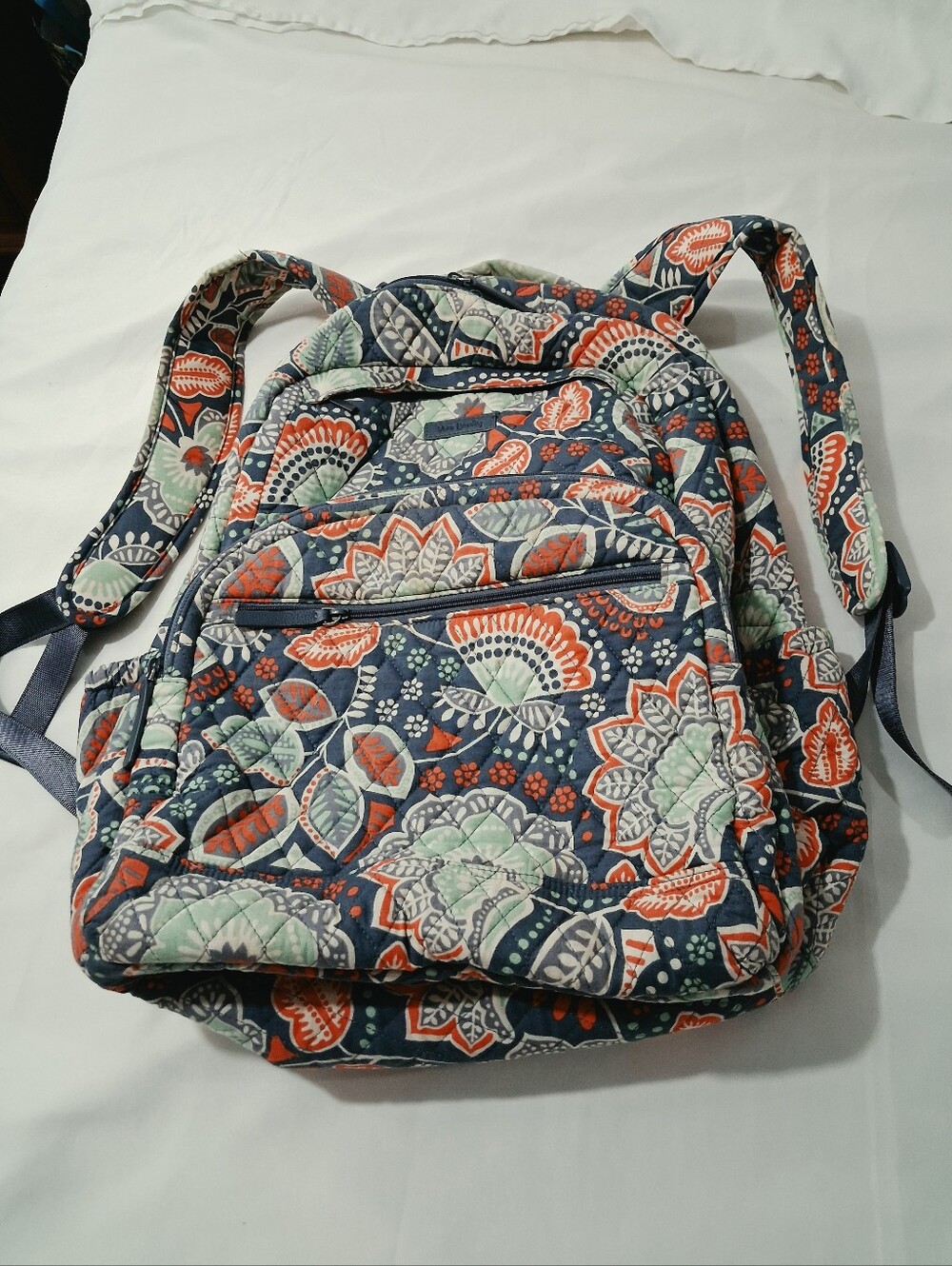 Vera Bradley Navy Quilted Floral Backpack with Coral & Mint Accents